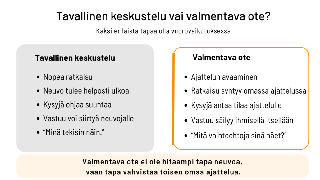 Vertailu tavallisen keskustelun ja valmentavan otteen välillä.